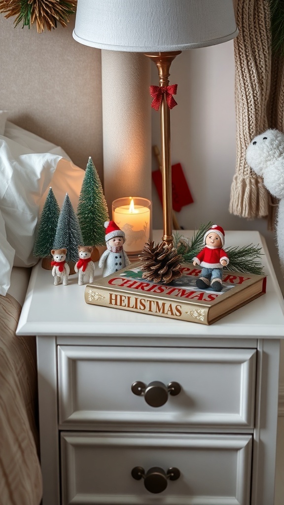 A beautifully decorated nightstand for Christmas with figurines, a candle, and holiday-themed book.