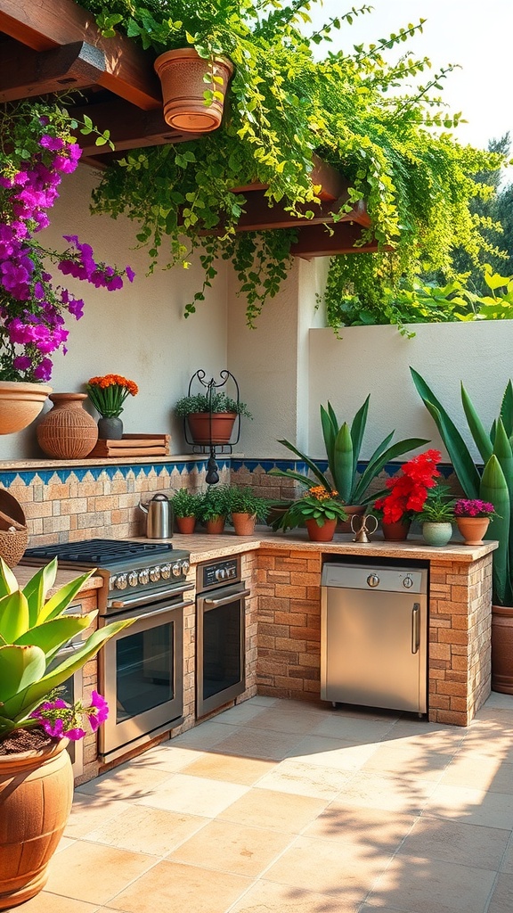 A beautifully designed outdoor kitchen with modern appliances surrounded by vibrant plants and flowers.