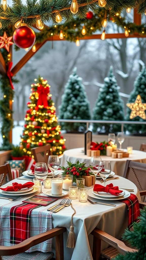 A beautifully decorated outdoor table for Christmas with plaid tablecloth, festive centerpieces, and twinkling lights.