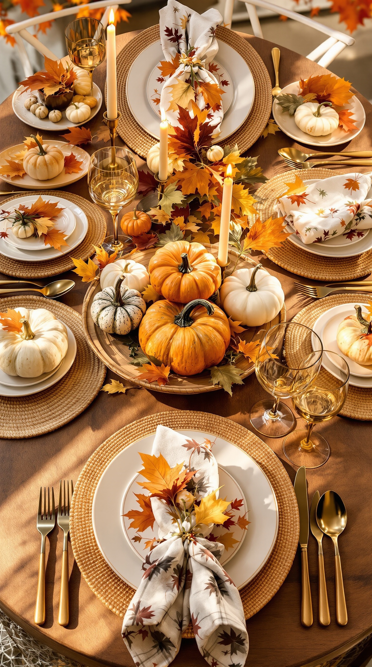 A Thanksgiving table setting with themed place cards, pumpkins, and elegant dinnerware.