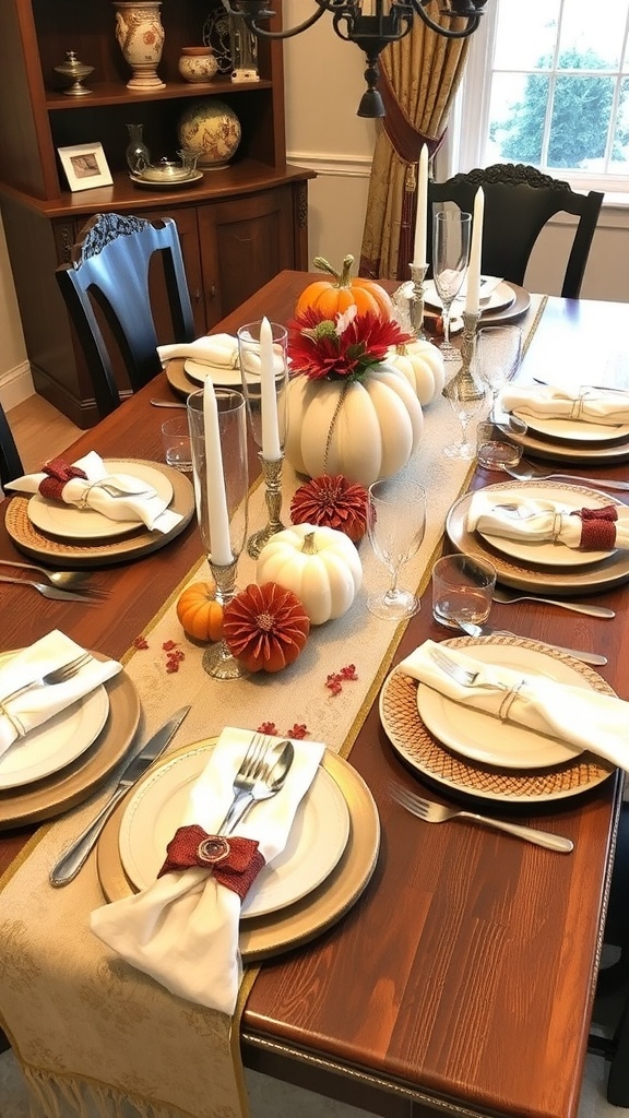 A beautifully decorated Thanksgiving table with pumpkins, candles, and a 'thanks giving' table runner.