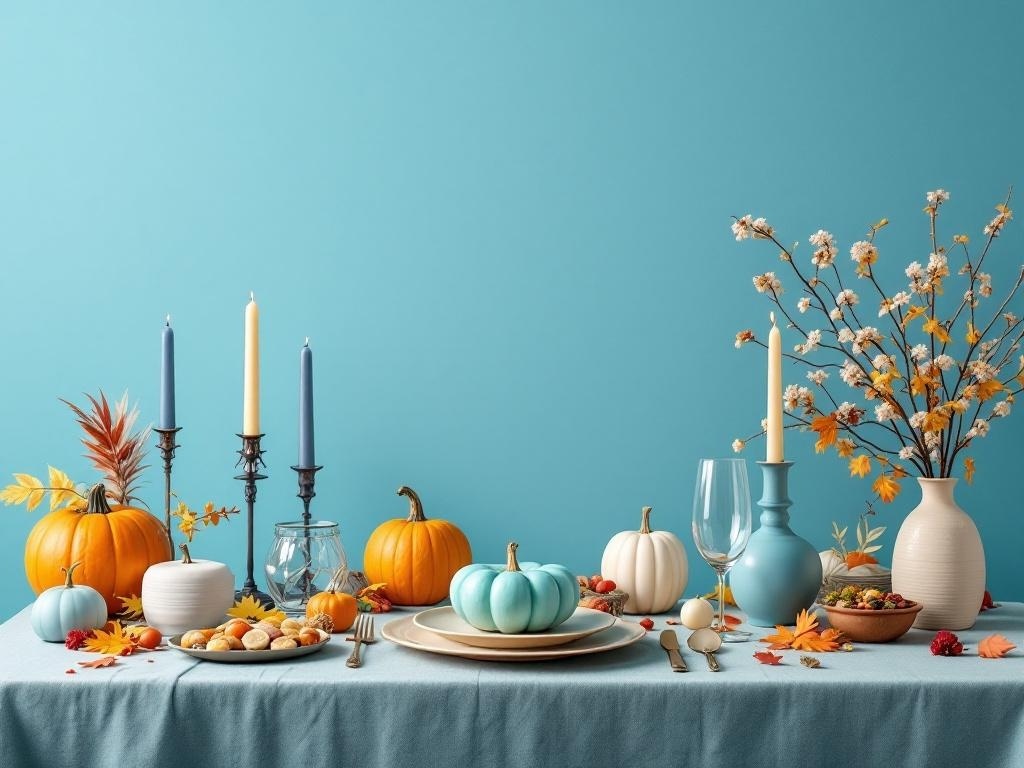A beautifully arranged Thanksgiving table with pumpkins, candles, and autumn leaves against a blue background.