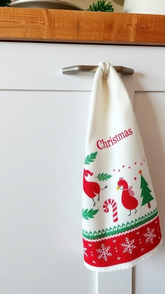 A Christmas-themed tea towel hanging from a kitchen cabinet handle.