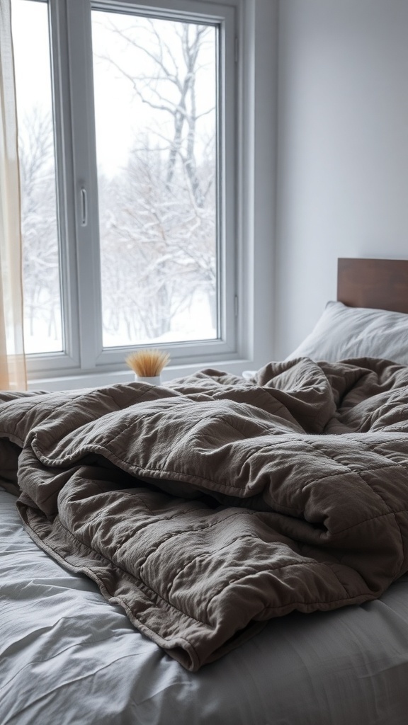 A cozy bed with a thermal blanket, viewed from a window showing a snowy landscape outside.