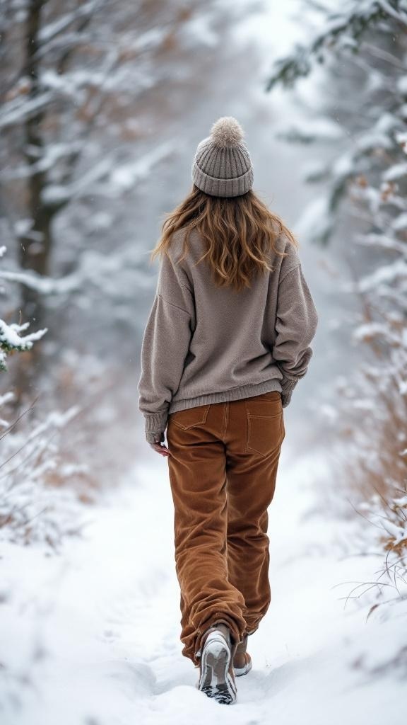 A woman walking in the snow wearing a thermal top and corduroy pants, with a beanie on her head.