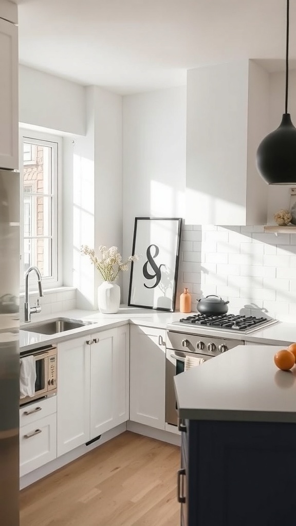A minimalist kitchen featuring a framed artwork, a small vase with flowers, and sleek cabinetry.