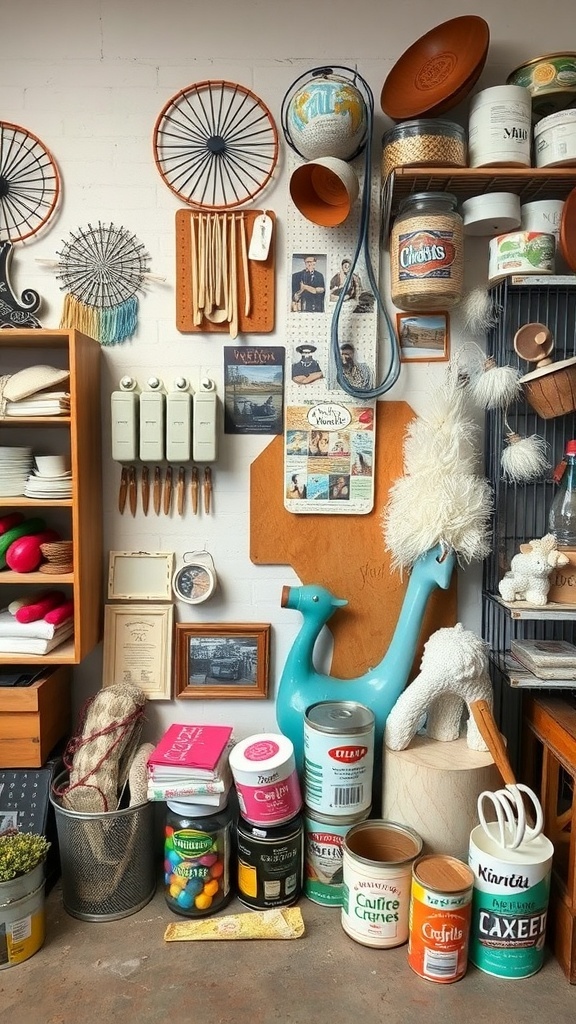 A colorful craft room filled with thrift store finds, including jars, decorative items, and crafting supplies.
