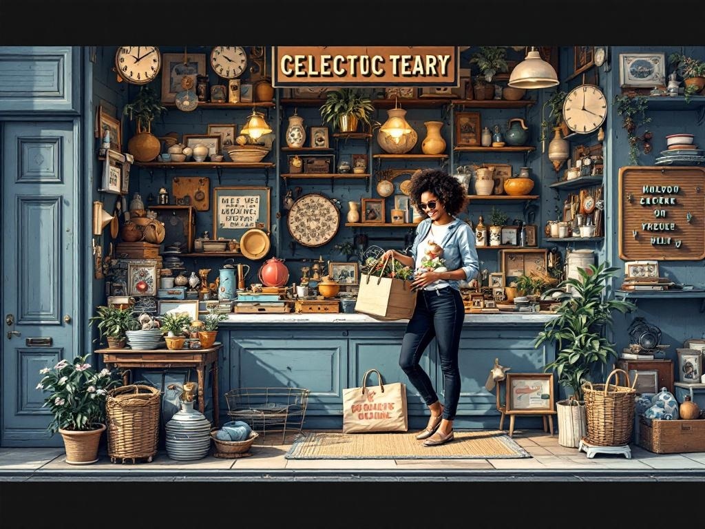 A woman shopping at a vintage thrift store filled with eclectic items.