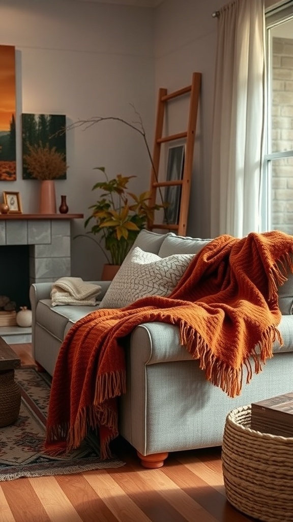 Cozy living room with a burnt orange throw blanket draped over a sofa, surrounded by autumn decor.