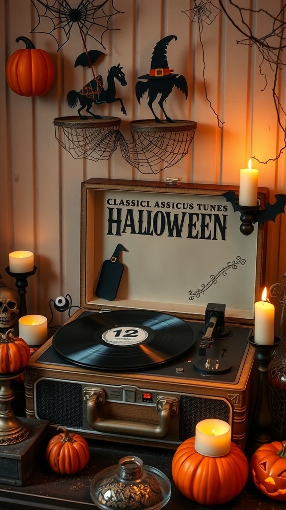 A vintage record player surrounded by Halloween decorations, including pumpkins and candles.