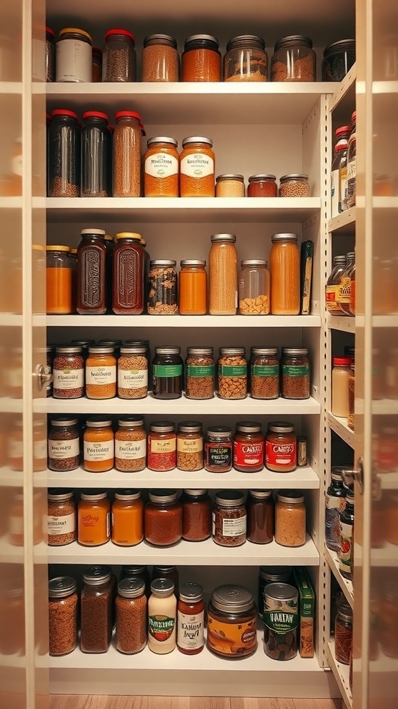 Organized pantry with tiered shelving displaying various jars and containers.