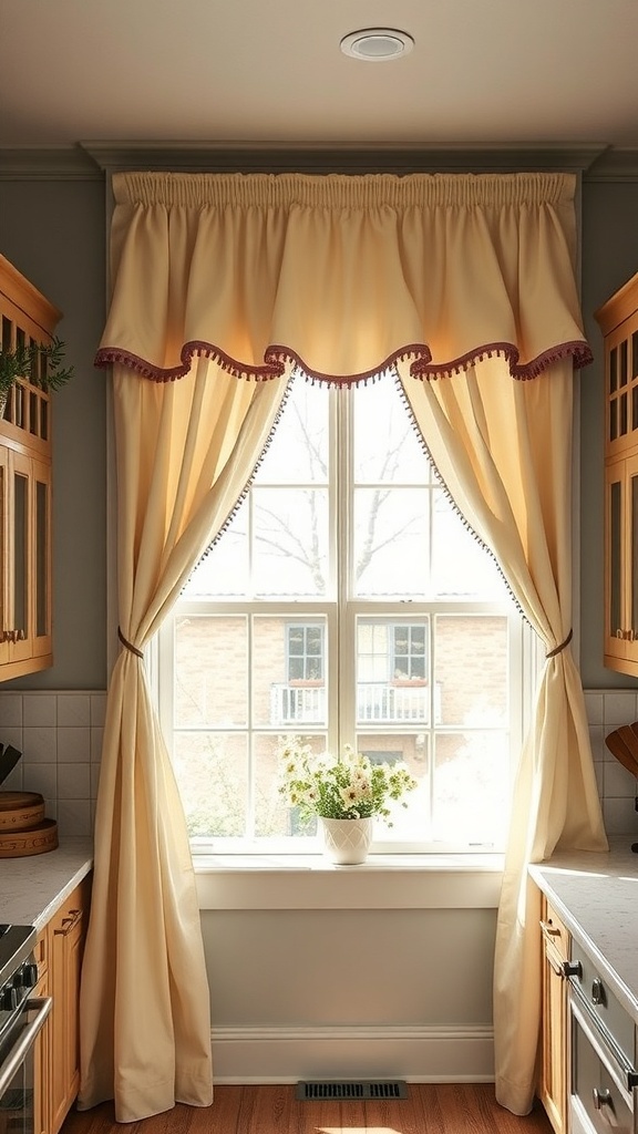 Farmhouse kitchen curtains with tiers and swags, featuring soft fabric and warm colors.