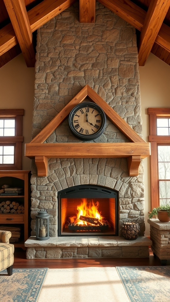 A rustic timber frame fireplace with stone and wood elements.