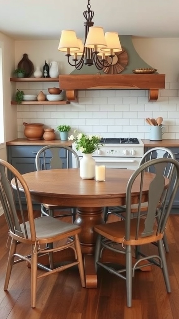 A round farmhouse kitchen table surrounded by chairs in a cozy kitchen setting.