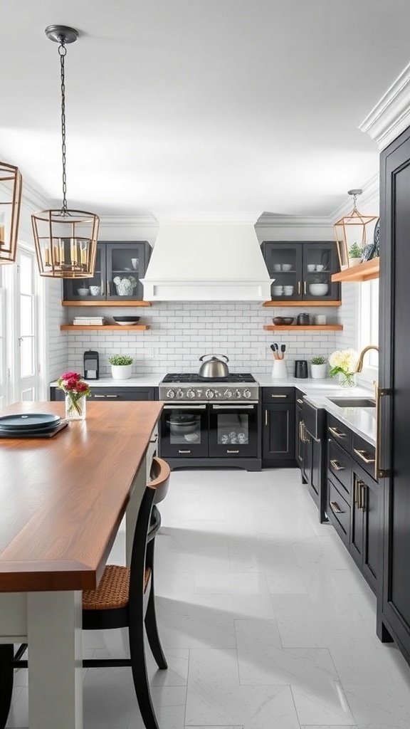 A stylish black and white farmhouse kitchen with modern fixtures and wooden accents.