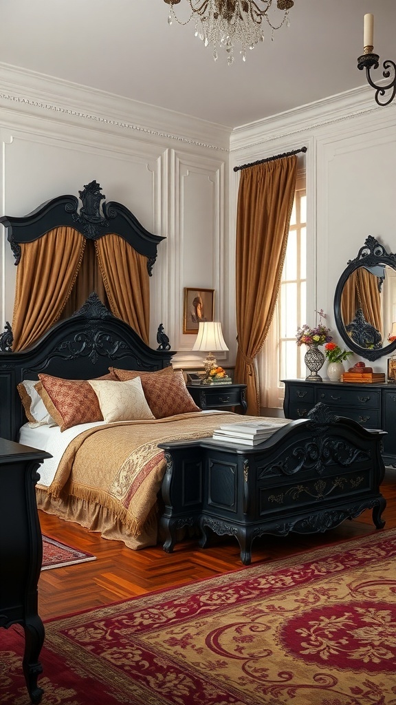 A beautifully styled bedroom featuring black furniture, warm curtains, and elegant decor.
