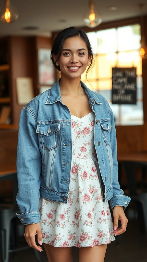A woman wearing a denim jacket over a floral dress, smiling in a cozy cafe setting.