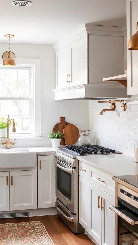 A bright kitchen with white cabinets, warm wood accents, and metallic fixtures.