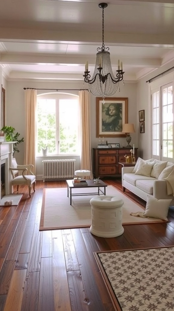 A cozy French cottage living room with wooden flooring, a chandelier, and soft furnishings.