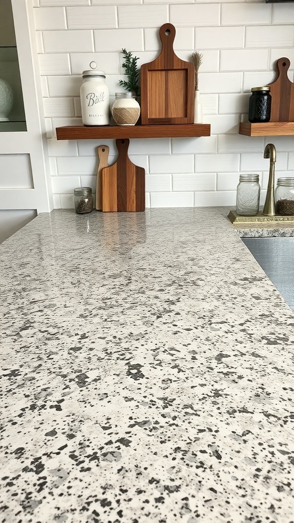 Granite countertop in a farmhouse kitchen with wooden shelves and decorative items.