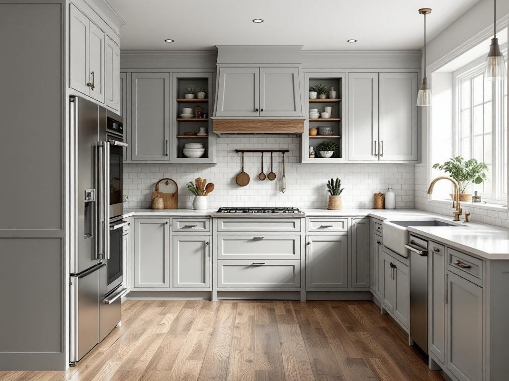 A modern kitchen featuring gray shaker cabinets, stainless steel appliances, and wooden accents.