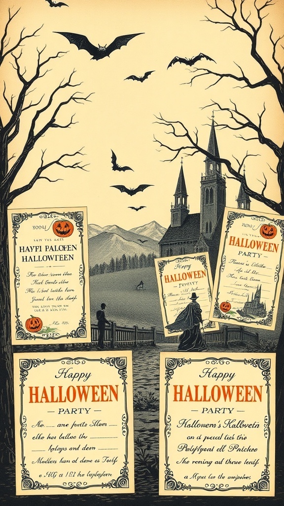Vintage Halloween party invitations with bats and a haunted church