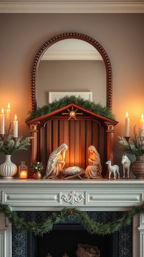 A beautifully arranged nativity scene on a mantel with candles and greenery.