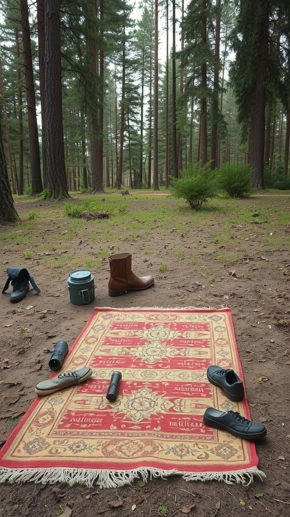 A vintage-style outdoor rug placed in a forest setting with shoes and a camping bucket.