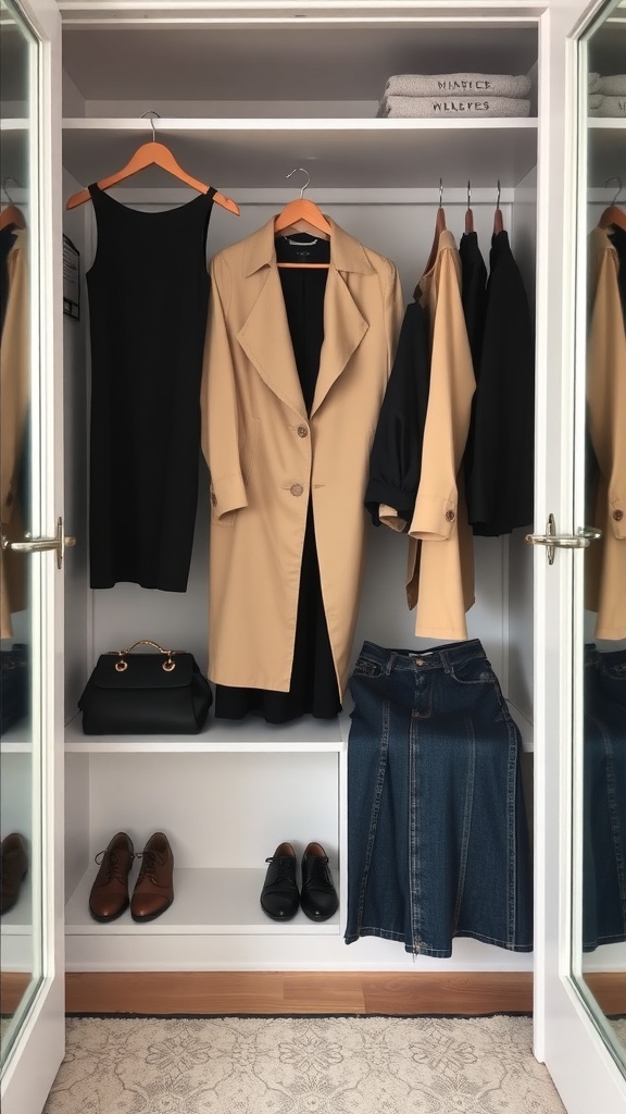 A well-organized closet featuring a black dress, beige coat, denim skirt, and classic shoes.