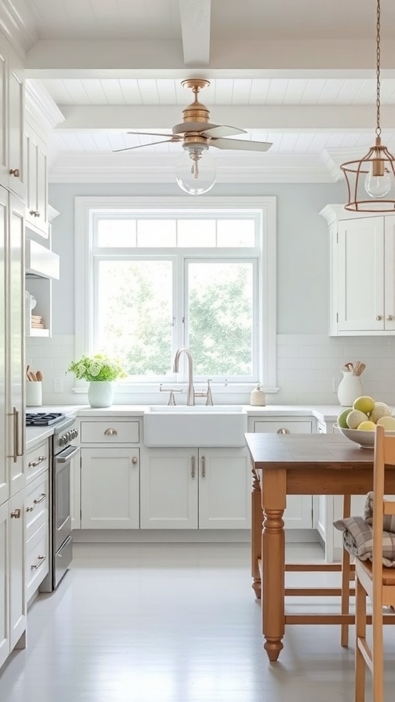A bright and inviting farmhouse kitchen featuring white cabinets and a wooden table.