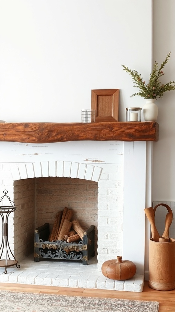 A rustic fireplace mantel with a whitewashed finish, showcasing natural wood and decorative elements.