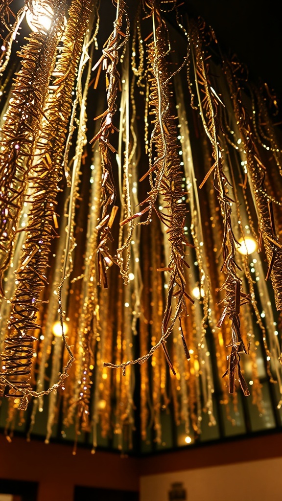 Ceiling decorated with shimmering tinsel strands for Christmas decor.