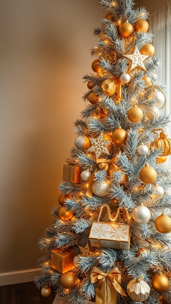 A beautifully decorated tinsel Christmas tree with gold and silver ornaments.