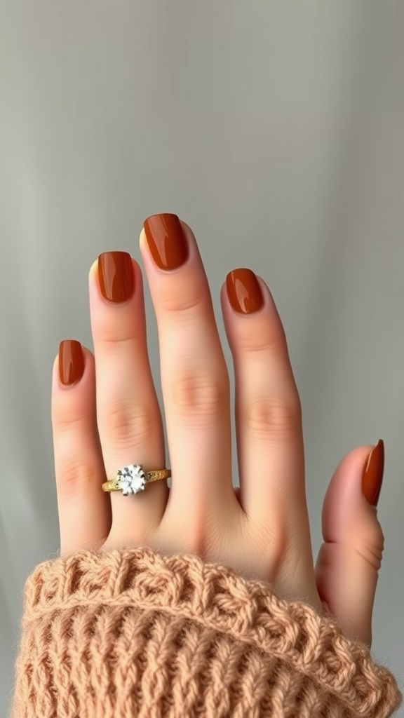 Close-up of hands with toffee brown nail polish and a gold ring, wearing a knitted sweater.