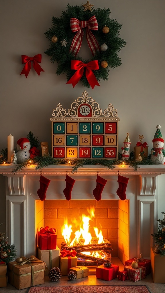 A beautifully decorated Christmas fireplace mantel featuring an Advent calendar, stockings, and festive ornaments.