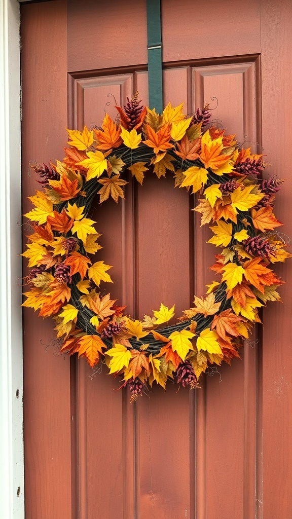 A traditional autumn leaves wreath with vibrant orange, yellow, and red leaves, hanging on a brown door.