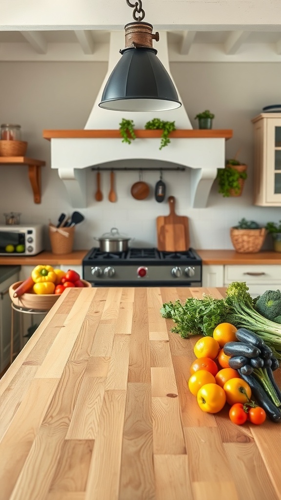 A cozy farmhouse kitchen featuring a butcher block countertop with fresh vegetables.