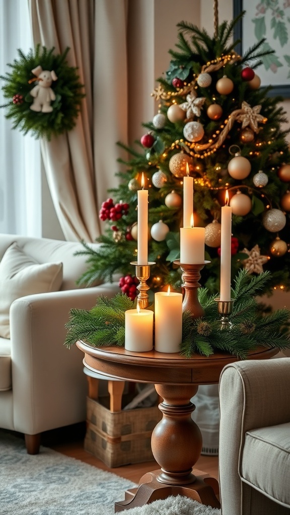 A cozy living room with traditional candle arrangements and a decorated Christmas tree.