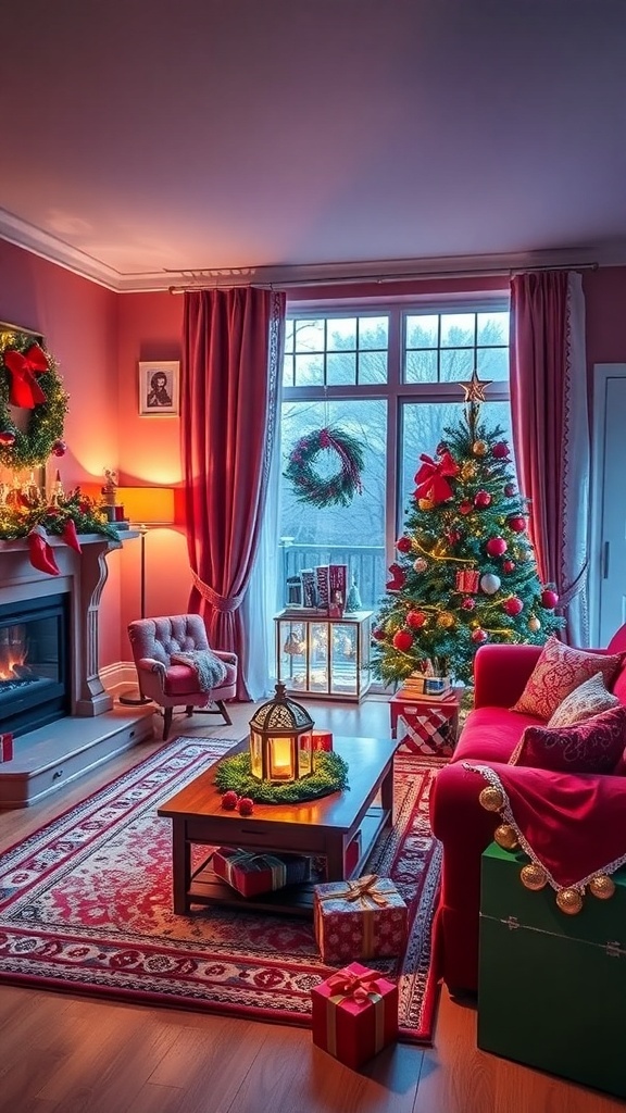 A cozy living room decorated for Christmas with a tree, gifts, and traditional colors.