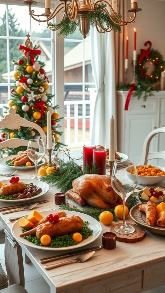 A beautifully set Christmas dinner table with a roasted turkey, side dishes, and a decorated Christmas tree in the background.