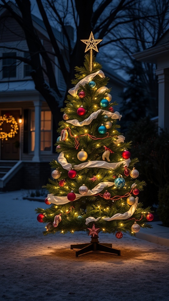 A beautifully decorated traditional Christmas tree in a snowy yard, adorned with colorful ornaments and lights.