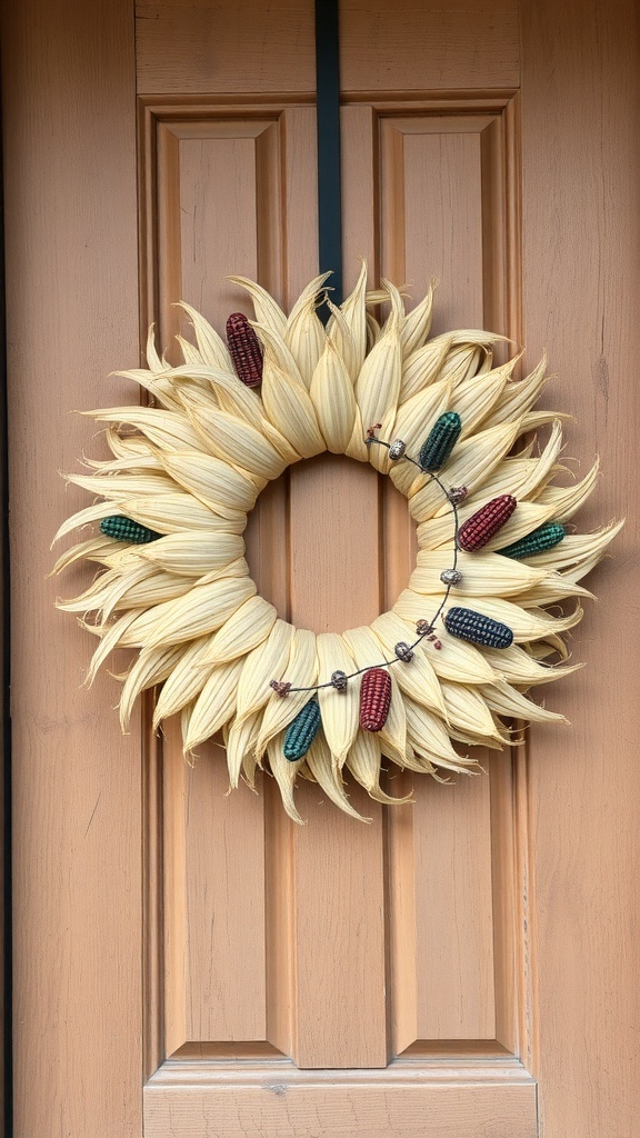 A traditional corn husk wreath with colorful corn accents, hanging on a wooden door.