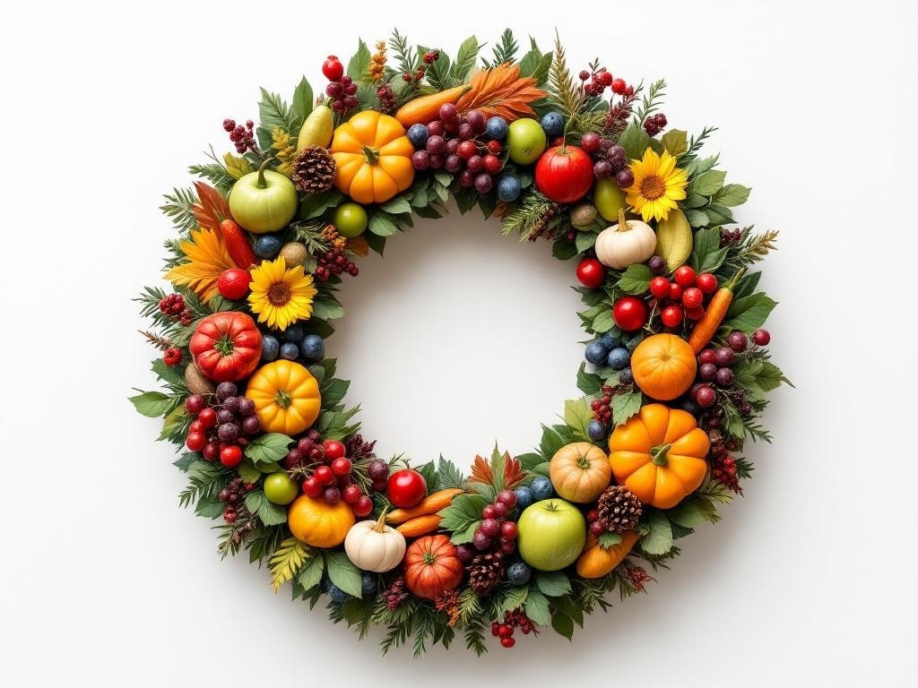 A colorful cornucopia-inspired wreath featuring pumpkins, apples, grapes, sunflowers, and greenery.