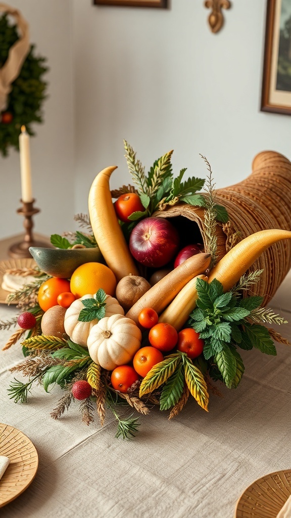 A traditional cornucopia filled with colorful fruits and vegetables, symbolizing abundance for fall.