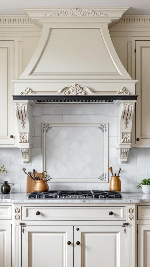 Traditional decorative kitchen hood with intricate designs and soft colors.