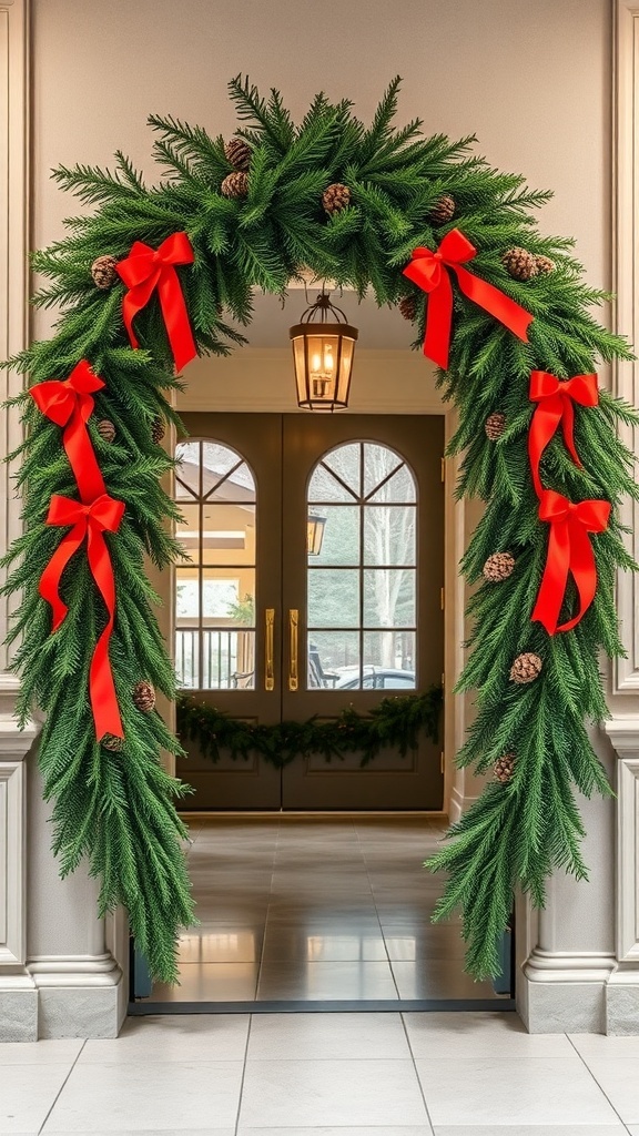 A traditional evergreen garland archway decorated with red bows and pinecones.
