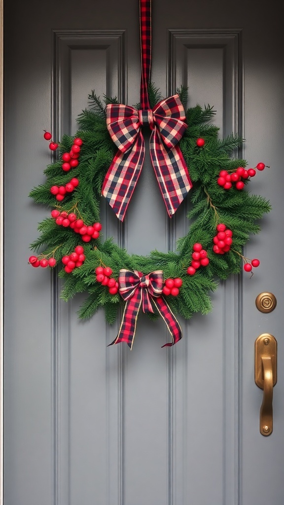 A traditional evergreen wreath with red berries and a plaid bow hanging on a front door.