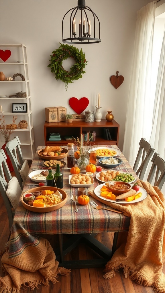 A winter tablescape featuring a cozy plaid tablecloth, warm dishes, and seasonal decorations.