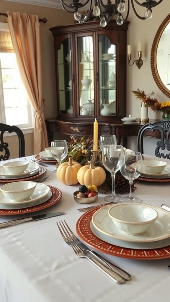 A beautifully set Thanksgiving table featuring traditional dinnerware, small pumpkins, and a warm atmosphere.