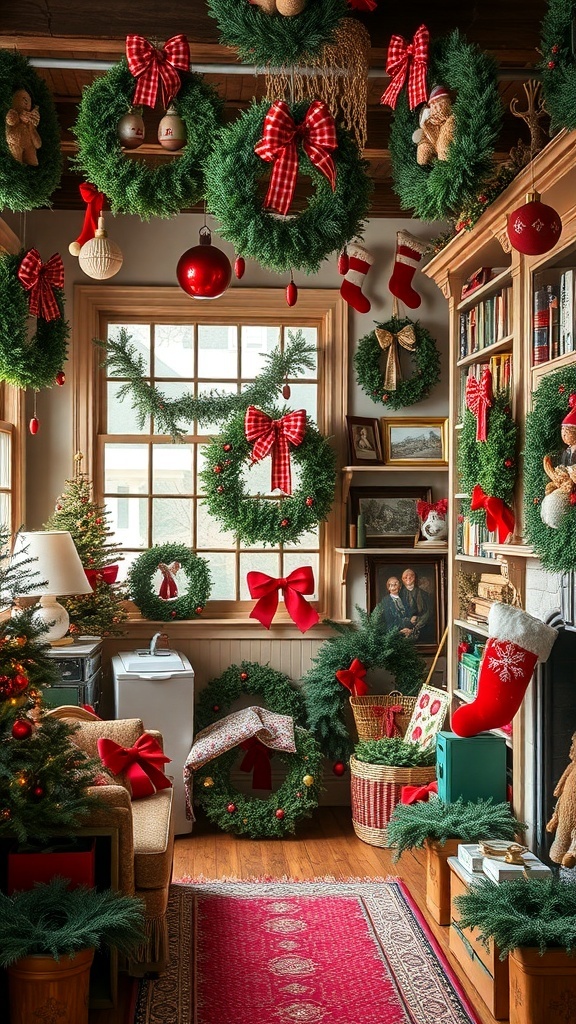 A cozy Christmas room filled with wreaths, stockings, and festive decorations.